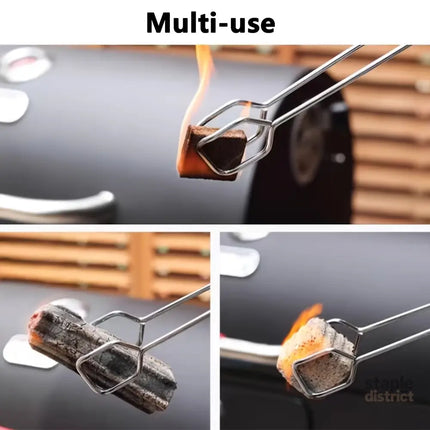 Long sturdy and heat-resistant charcoal tongs for grilling food. Made of stainless steel these portable tongs are