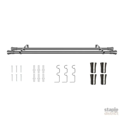 Marlow Silver Double Curtain Rod Steel Pole Pommel Set Extendable Adjustable-2029387251229790208