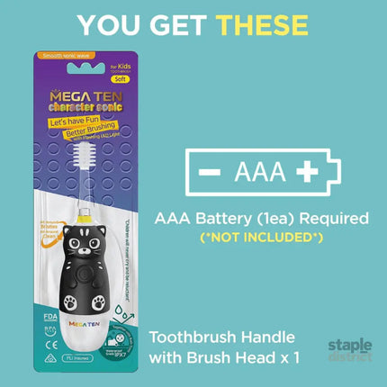 MEGA TEN 360-Degree Kids Electric Toothbrush with LED Light 4Yrs+ Black Cat-2006733475843018757