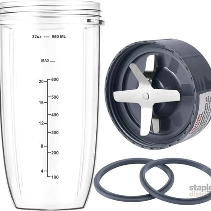 New Blender Cup and Blade Replacement Parts 32oz Cup and Extractor Blade and 2 Rubber Gaskets 4-Piece Compatible with