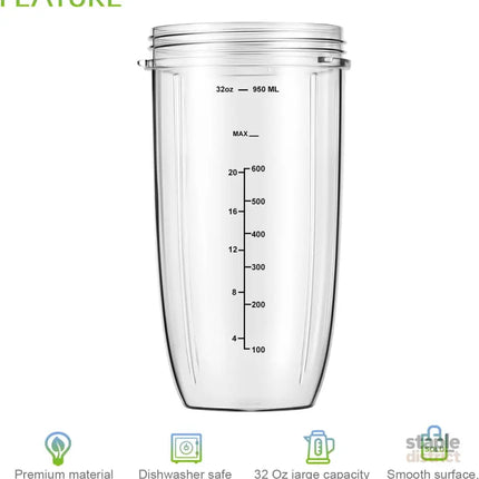 New Blender Cup and Blade Replacement Parts 32oz Cup and Extractor Blade and 2 Rubber Gaskets 4-Piece Compatible with