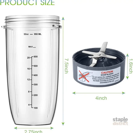 New Blender Cup and Blade Replacement Parts 32oz Cup and Extractor Blade and 2 Rubber Gaskets 4-Piece Compatible with