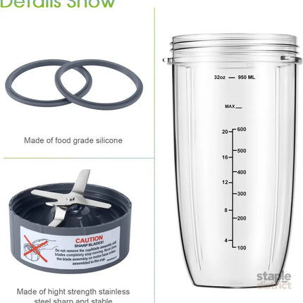 New Blender Cup and Blade Replacement Parts 32oz Cup and Extractor Blade and 2 Rubber Gaskets 4-Piece Compatible with