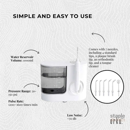 Orku 1000ml Water Flosser Electric Oral Irrigator - Adjustable Pressure White - Health & Beauty > Personal Care > Oral