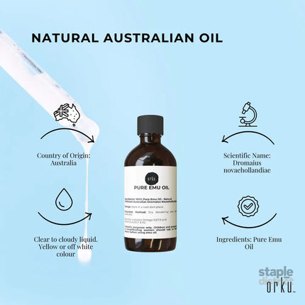 Orku 100ml Pure Emu Oil - Natural Undiluted Australian Dromaius Novaehollandiae - Health & Beauty > Skincare > Facial