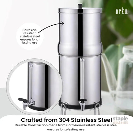 Orku 23L Gravity Benchtop Water Filter System with Gauge - Stainless Steel - Appliances > Kitchen Appliances > Kitchen