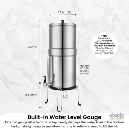 Orku 23L Gravity Benchtop Water Filter System with Gauge - Stainless Steel - Appliances > Kitchen Appliances > Kitchen