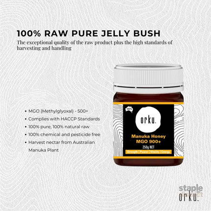 Orku 250g MGO 900+ Australian Manuka Honey - 100% Raw Natural Pure Jelly Bush - Food & Beverage > Pantry > Condiments &