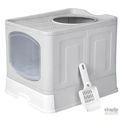 Pawz Large Cat Litter Box Foldable Top Entry Covered Litter Tray Scoop Grey-2050056785414459400