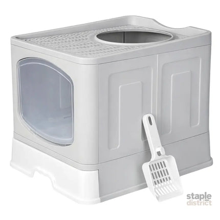 Pawz Large Cat Litter Box Foldable Top Entry Covered Litter Tray Scoop Grey-2050056785414459392
