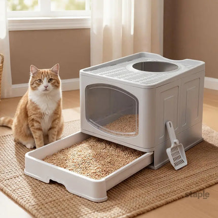 Pawz Large Cat Litter Box Foldable Top Entry Covered Litter Tray Scoop Grey-2050056785414459399