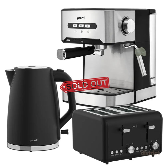 Pronti Breakfast Set with 1.6L Coffee Machine Silver Noir Toaster & Kettle - Appliances > Kitchen Appliances > Kettles