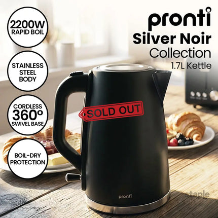 Pronti Breakfast Set with 1.6L Coffee Machine Silver Noir Toaster & Kettle - Appliances > Kitchen Appliances > Kettles
