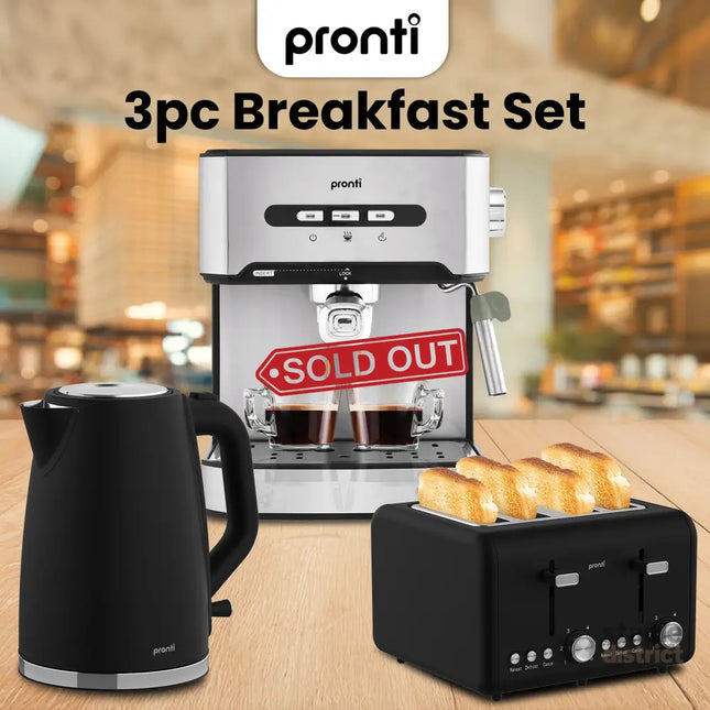 Pronti Breakfast Set with 1.6L Coffee Machine Silver Noir Toaster & Kettle - Appliances > Kitchen Appliances > Kettles
