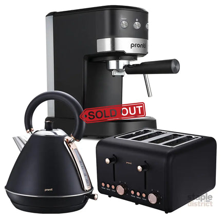 Pronti Breakfast Set with Rose Gold Kettle & Toaster with 1.2L Espresso Machine - Black - Appliances > Kitchen