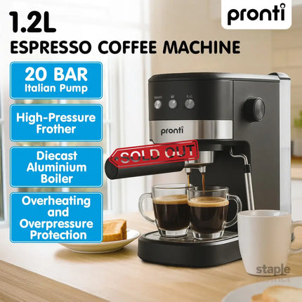 Pronti Breakfast Set with Rose Gold Kettle & Toaster with 1.2L Espresso Machine - Black - Appliances > Kitchen