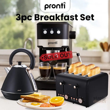 Pronti Breakfast Set with Rose Gold Kettle & Toaster with 1.2L Espresso Machine - Black - Appliances > Kitchen