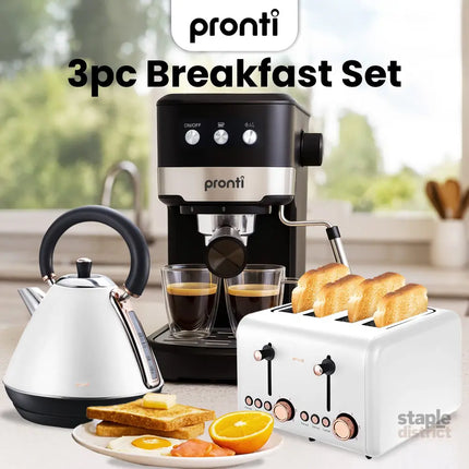 Pronti Breakfast Set with Rose Gold Kettle & Toaster with 1.2L Espresso Machine - White - Appliances > Kitchen