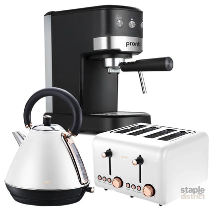 Pronti Breakfast Set with Rose Gold Kettle & Toaster with 1.2L Espresso Machine - White - Appliances > Kitchen
