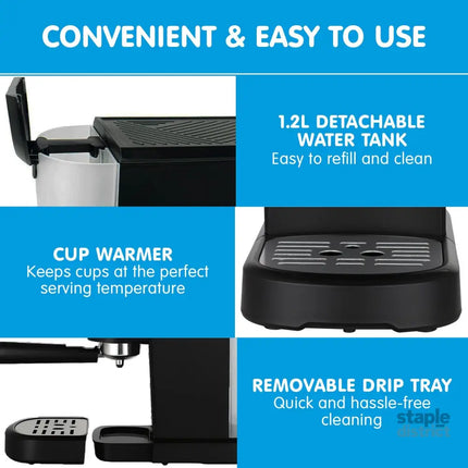Pronti CM-850D Coffee Machine 20 Bar Espresso Maker with Milk Frother and 1.25L Tank - Appliances > Kitchen Appliances