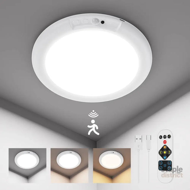 Rechargeable Motion Sensor Ceiling Light with Remote Battery Ceiling Light Wireless 3 Colors Dimmable Indoor Overhead