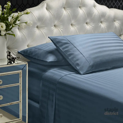 Royal Comfort 1200 Thread count Damask Stripe Cotton Blend sheet sets King Blue Fog-1951134870315077632