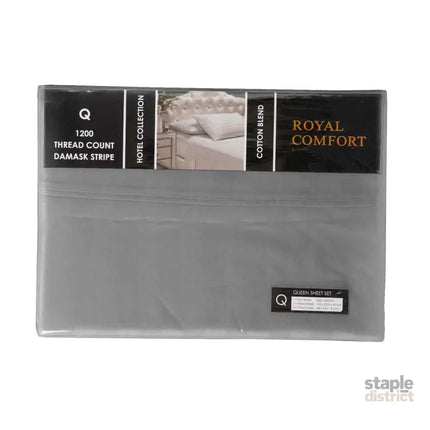 Royal Comfort 1200 Thread count Damask Stripe Cotton Blend sheet sets Queen Charcoal Grey-1951134866577952770