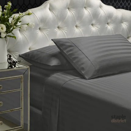 Royal Comfort 1200 Thread count Damask Stripe Cotton Blend sheet sets Queen Charcoal Grey-1951134866577952768