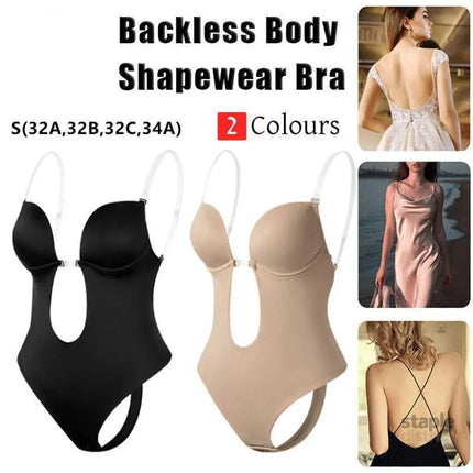 S Size Women Deep U Plunge Seamless Push Up Bra Thong Backless Bodysuit - Black - Fashion > Women’s Fashion > Women’s