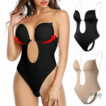 S Size Women Deep U Plunge Seamless Push Up Bra Thong Backless Bodysuit - Black - Fashion > Women’s Fashion > Women’s