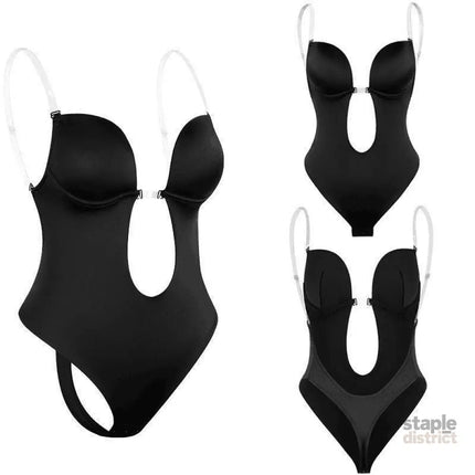 S Size Women Deep U Plunge Seamless Push Up Bra Thong Backless Bodysuit - Black - Fashion > Women’s Fashion > Women’s
