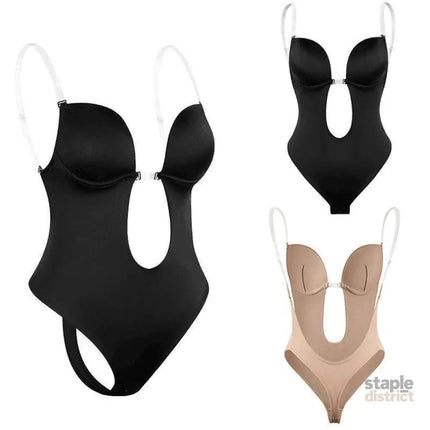 S Size Women Deep U Plunge Seamless Push Up Bra Thong Backless Bodysuit - Black - Fashion > Women’s Fashion > Women’s