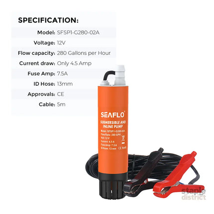 SEAFLO Submersible Inline Pump 12V 280GPH Transfer Pump Water Resistant High Pressure Washing Water Diesel Pump For RV