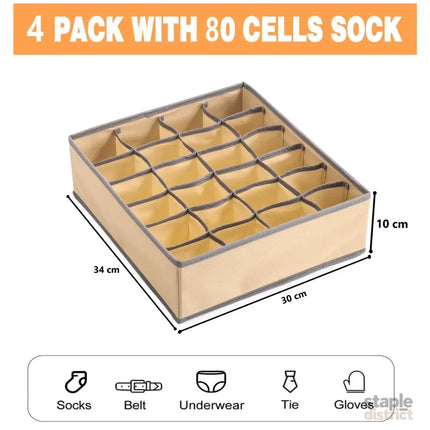 Set of 4 Fabric Drawer Organizer Divider Storage Boxes for Storing Socks, Underwear, Ties, Scarves (Beige)-2042061560867852290