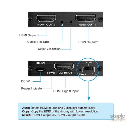 Simplecom CM412 HDMI 2.0 1x2 Splitter 1 IN 2 Out 4K@60Hz HDR10 2 Port HDMI Duplicator - Appliances > TV > TVs &