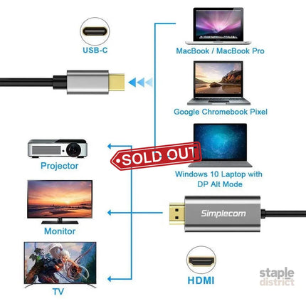 Simplecom DA321 USB-C Type C to HDMI Cable 1.8M (6ft) 4K@30Hz - Appliances > TV > TVs & Accessories
