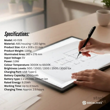 Social Hike A3 LED Light Pad Tracing Board Rechargeable USB-C 3000mAh Light Box - Baby & Kids > Baby & Kid’s Toys > Art