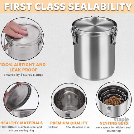 Stainless Steel Pet Food Storage Bucket Dog Cat Grain Container Bin Kitchen - 1600ml - Home & Garden > Kitchenware >