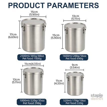 Stainless Steel Pet Food Storage Bucket Dog Cat Grain Container Bin Kitchen - 1600ml - Home & Garden > Kitchenware >