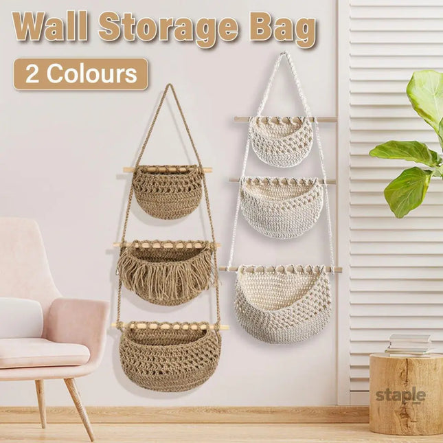 Three Layer Cotton Rope Wall Hanging Basket Door Storage Rack Organizer Bag - Brown - Baby & Kids > Kid’s Furniture >