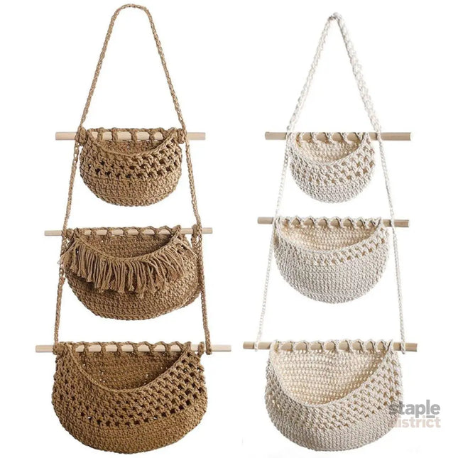 Three Layer Cotton Rope Wall Hanging Basket Door Storage Rack Organizer Bag - Brown - Baby & Kids > Kid’s Furniture >