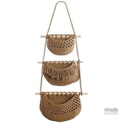 Three Layer Cotton Rope Wall Hanging Basket Door Storage Rack Organizer Bag - Brown - Baby & Kids > Kid’s Furniture >