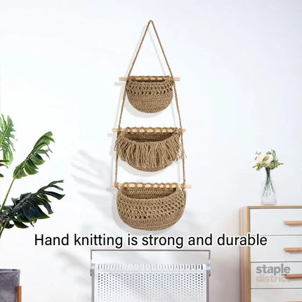 Three Layer Cotton Rope Wall Hanging Basket Door Storage Rack Organizer Bag - Brown - Baby & Kids > Kid’s Furniture >
