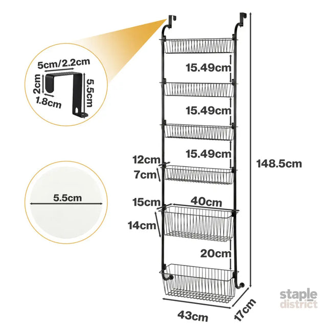 Toque Over the Door Pantry Organiser 6 Tiers Metal Hanging Storage Rack Black-2050059015542673410