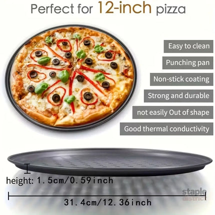 Two pizza baking pans each 30.48 cm in diameter feature ventilation holes for improved cooking efficiency and a