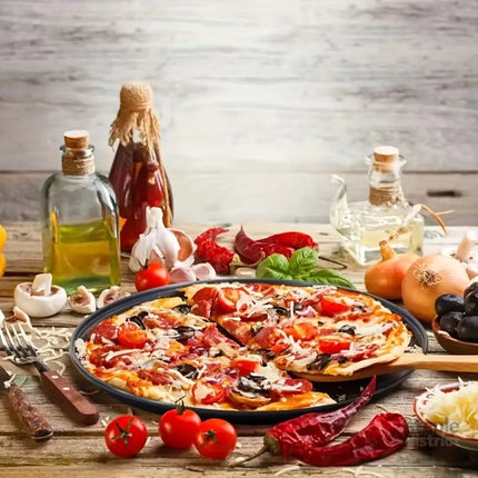 Two pizza baking pans each 30.48 cm in diameter feature ventilation holes for improved cooking efficiency and a