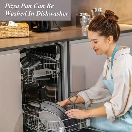 Two pizza baking pans each 30.48 cm in diameter feature ventilation holes for improved cooking efficiency and a