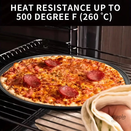 Two pizza baking pans each 30.48 cm in diameter feature ventilation holes for improved cooking efficiency and a