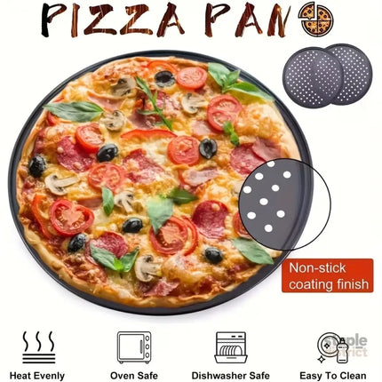 Two pizza baking pans each 30.48 cm in diameter feature ventilation holes for improved cooking efficiency and a