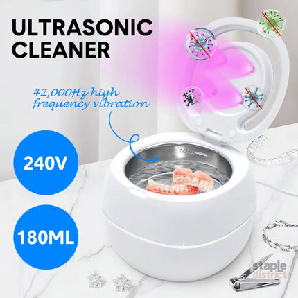 Ultrasonic UV Cleaner Portable 42khz Dual Mode Cleaner 180-220ml with Chamber and Timer for Dentures Aligner Retainer
